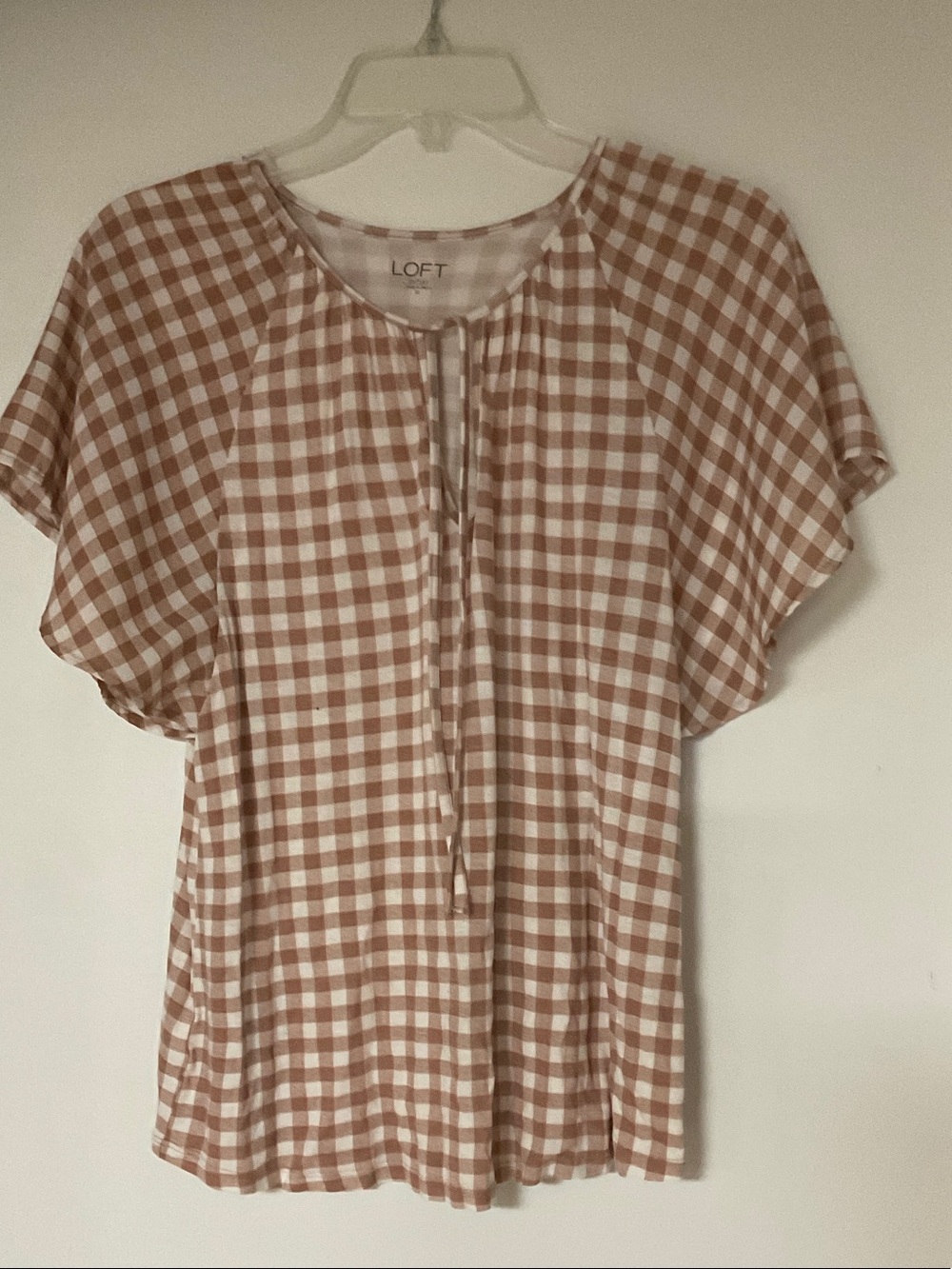 LOFT Tan and White Gingham Tie-Front Short Sleeve Blouse